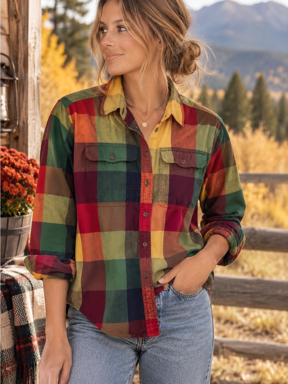 Lizsport Petite Multicolor Plaid Cotton Button Down Shirt Small